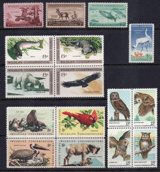 WILDLIFE CONSERVATION Collection 1956-1978 16 MINT Stamps Turkey Antelope Fish Polar Bear Birds Crane Cardinal Sheep Owls Seal -