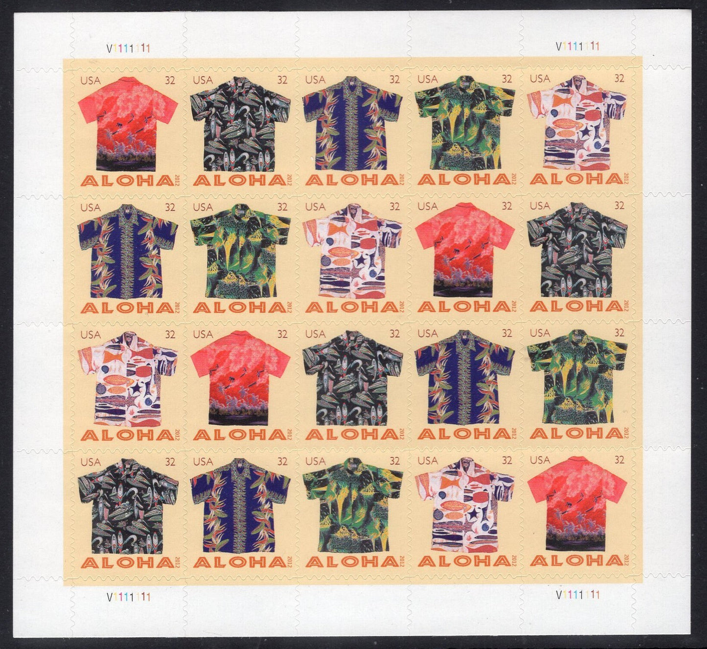 HAWAII ALOHA SHIRTS Sheet of 20 Stamps showing 4 each of 5 different Shirts Mint Bright Fresh - Issued in 2012 s4592 s -