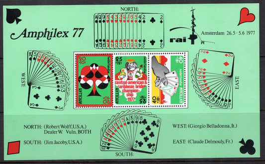 4 Sheets of PLAYING CARDS - BRIDGE Championship Deal each with 3 Netherlands Antilles Stamps as shown - Issued in 1977 -