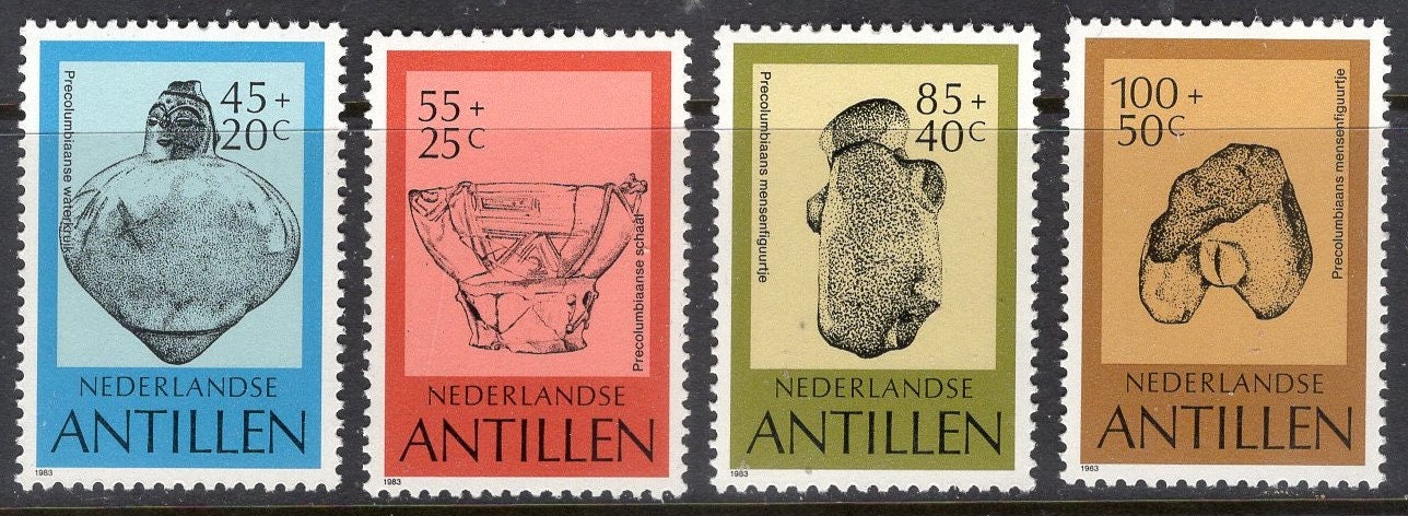 Pre-COLUMBIAN ARTIFACTS Stamps from NETHERLANDS Antilles Unusual 1983 Mint Set of 4 with Names in Dutch -
