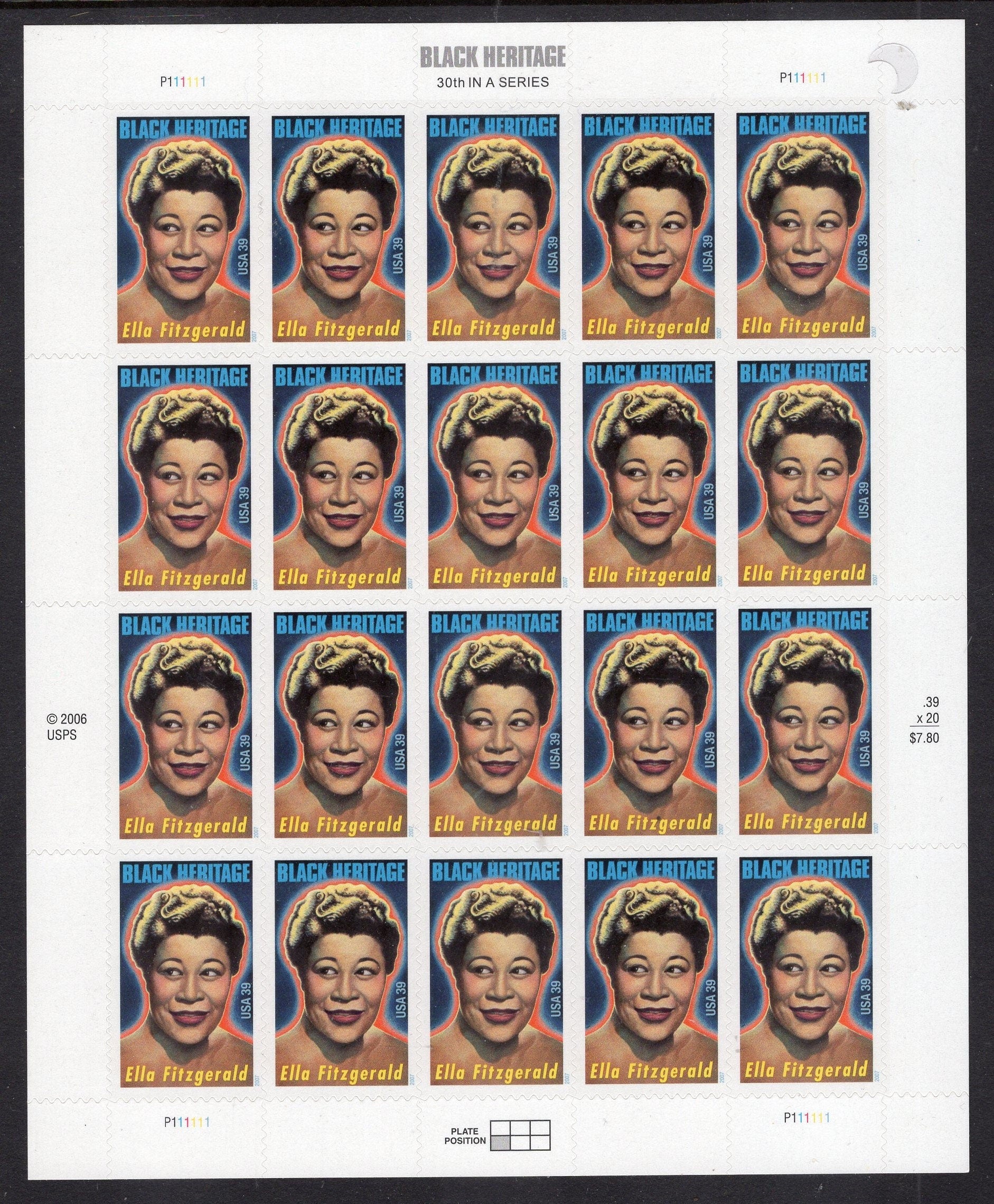ELLA FITZGERALD HERITAGE Black American Singer Scat Sheet of 20 Stamps Fresh, Bright - Issued in 2007 s4120 -