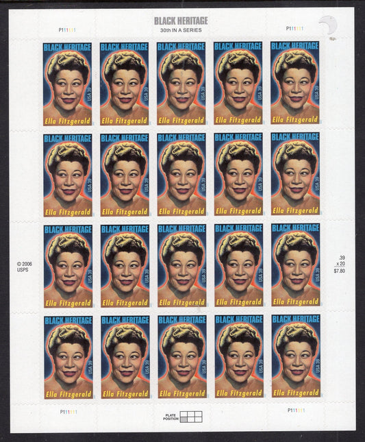 ELLA FITZGERALD HERITAGE Black American Singer Scat Sheet of 20 Stamps Fresh, Bright - Issued in 2007 s4120 -