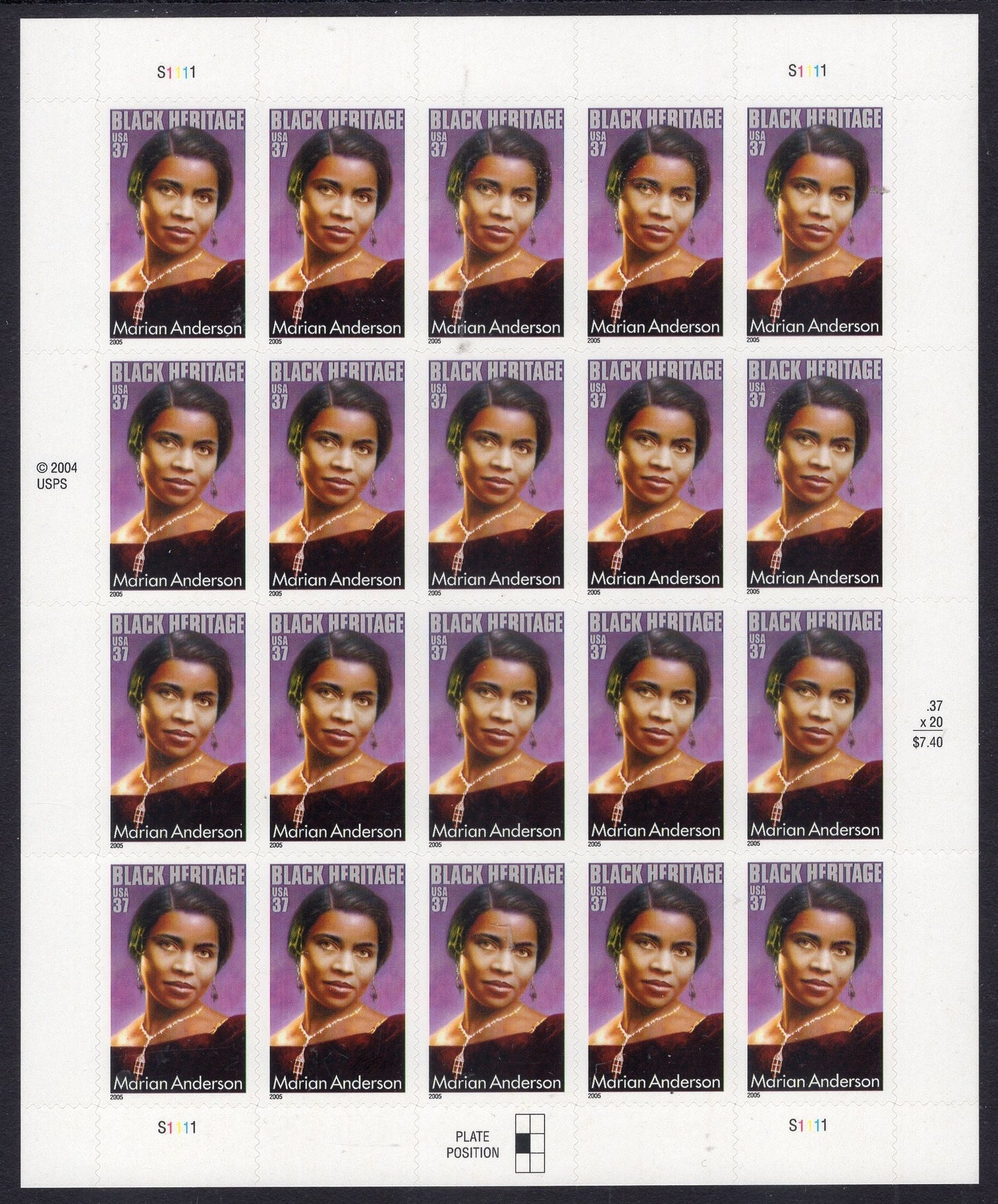 MARIAN ANDERSON HERITAGE Black American Singer Opera Sheet of 20 Stamps Fresh, Bright - Issued in 2005 s3896 -