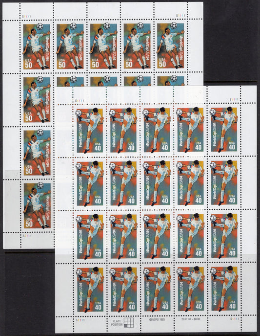 40c+50c SOCCER FOOTBALL 2 Sheets of 20 Stamps (1 each denomination) Mint Bright Fresh - Issued in 1994 s2835-36 -