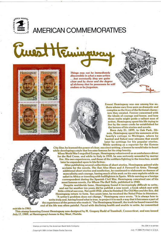 ERNEST HEMINGWAY AUTHOR Special Commemorative Panel plus Actual Stamps + Illustrations and Text Great Gift 8.5x11 '89 -