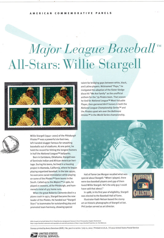 WILLIE STARGELL HOF Baseball Special Commemorative Panel plus Actual Stamps + Illustrations and Text Great Gift 8.5x11 '12 -
