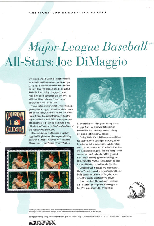 JOE DiMAGGIO YANKEES Baseball HoF Special Commemorative Panel plus Actual Stamps + Illustrations and Text Great Gift 8.5x11 '12-