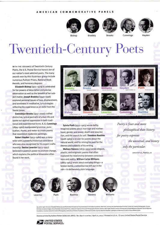 POETS PLATH BROOKS Williams Cummings Special Commemorative Panel plus Actual Stamps + Illustrations plus Text – A Great Gift 8.5x11 '12 -