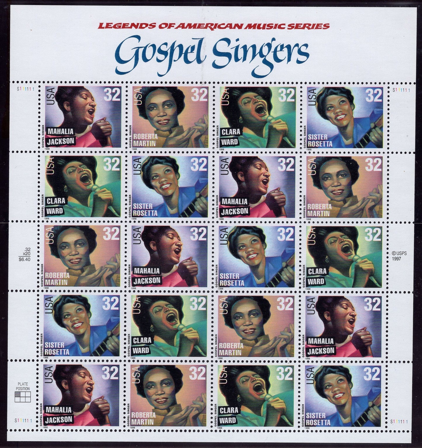 GOSPEL SINGERS MUSIC Mahalia Jackson Roberta Ward Martin Tharpe Black Americans Sheet of 20 Fresh - Issued in 1998 - s3216 -