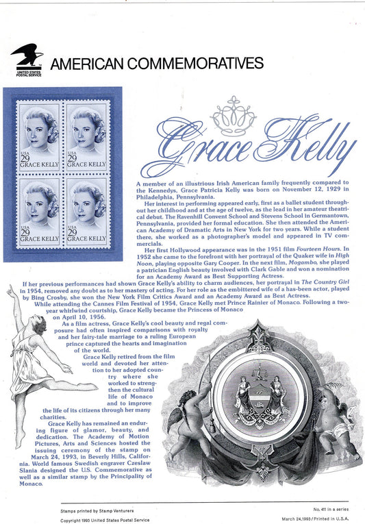 GRACE KELLY LEGENDARY Actress Special Commemorative Panel plus Actual Stamps + Illustrations and Text Great Gift 8.5x11 '93 -