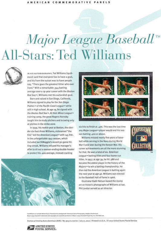 TED WILLIAMS BOSTON Red Sox Baseball Special Commemorative Panel plus Actual Stamps + Illustrations plus Text – A Great Gift 8.5x11 '12 -