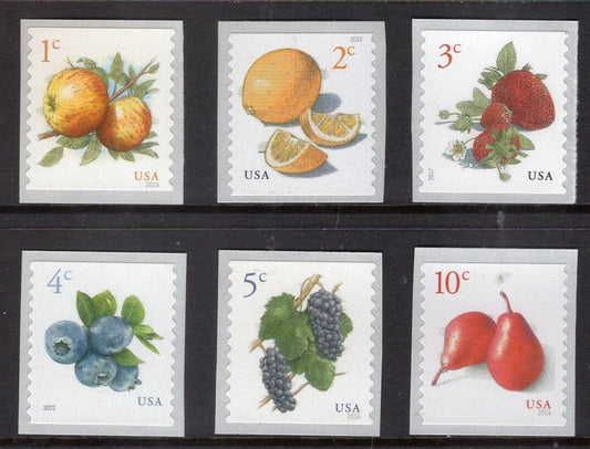 FRUIT SALAD 18 Stamps (6 different - 3 each) Grapes Blueberries Strawberries Apples Pears Unused Fresh Postage Stamps -