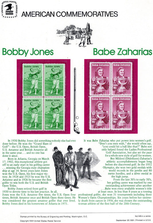 GOLF GREATS Bobby JONES Babe Zaharias Special Commemorative Panel + Actual Stamps + Illustrations + Text Great Gift 8.5x11 '05-